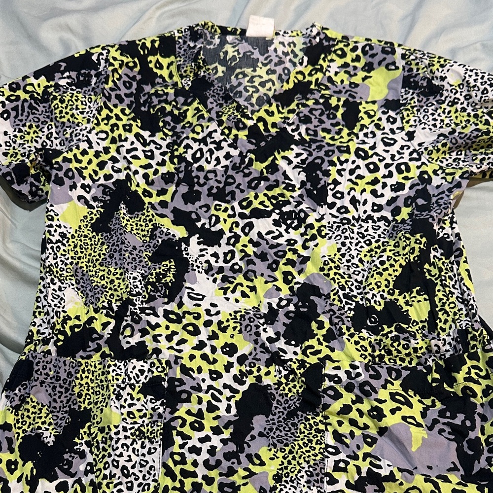 Barco Uniforms Lime and Black Leopard Print V-Neck scrub top